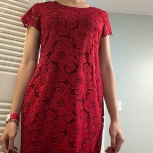 Ronni Nicole Red Floral Lace Midi Dress